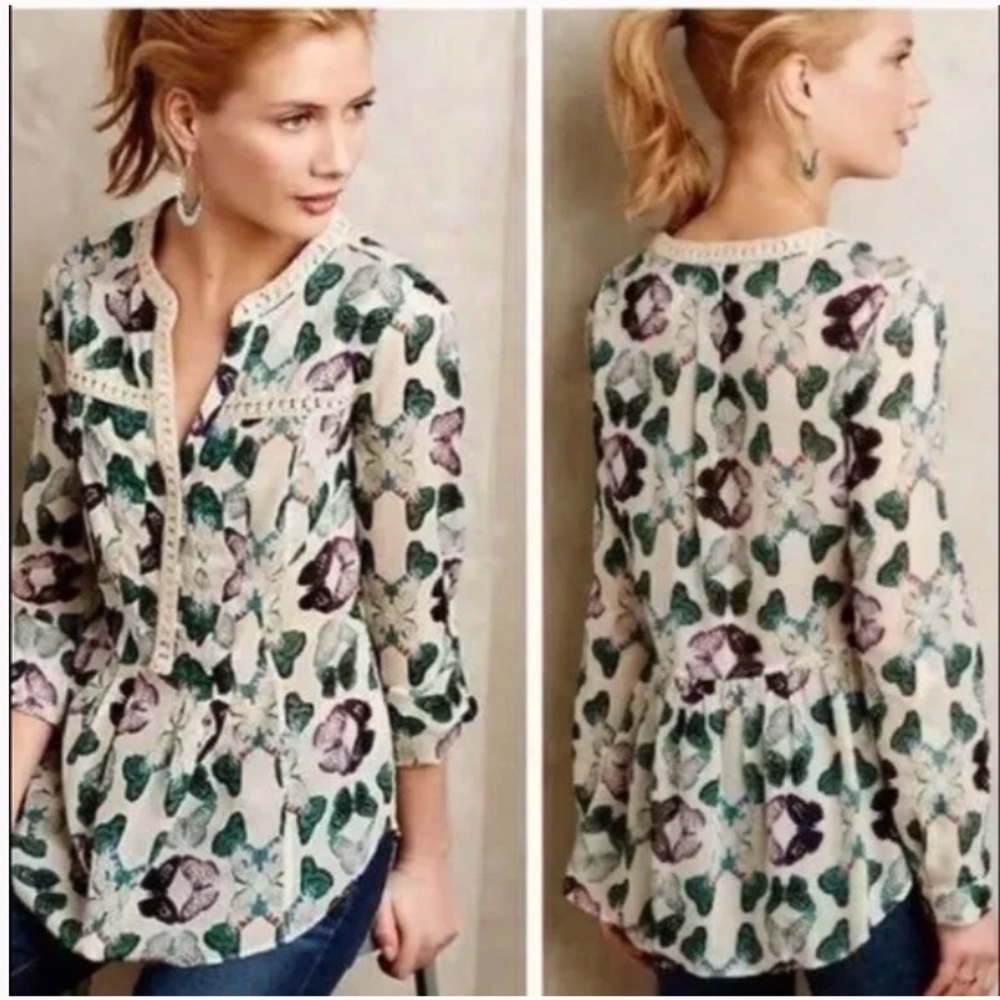 Maeve by Anthropologie Abella Lightweight Pintuck Butterfly Print Boho Top Sz 4